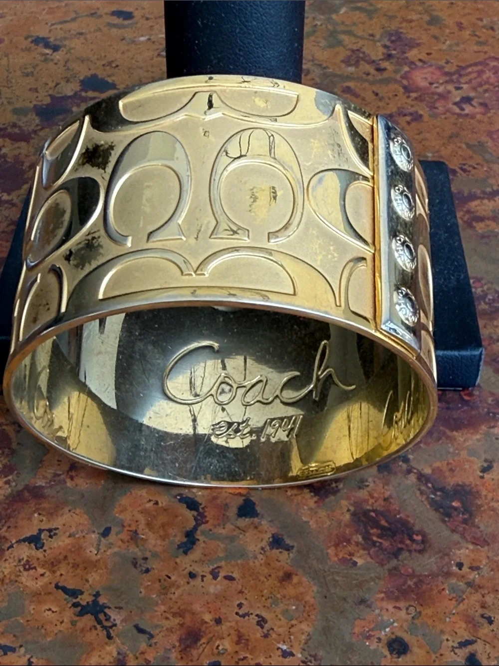 Vintage Coach Gold-Tone Raised Signature 'C' 1 1/2” Wide Cuff - Picture 6 of 11